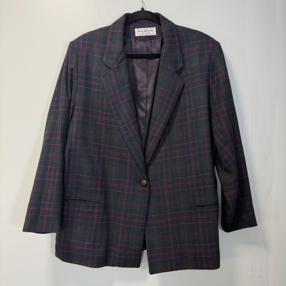 Vintage Dumas Plaid Blazer Green Red Wool Blend Size 16 Style 350 USA Made
